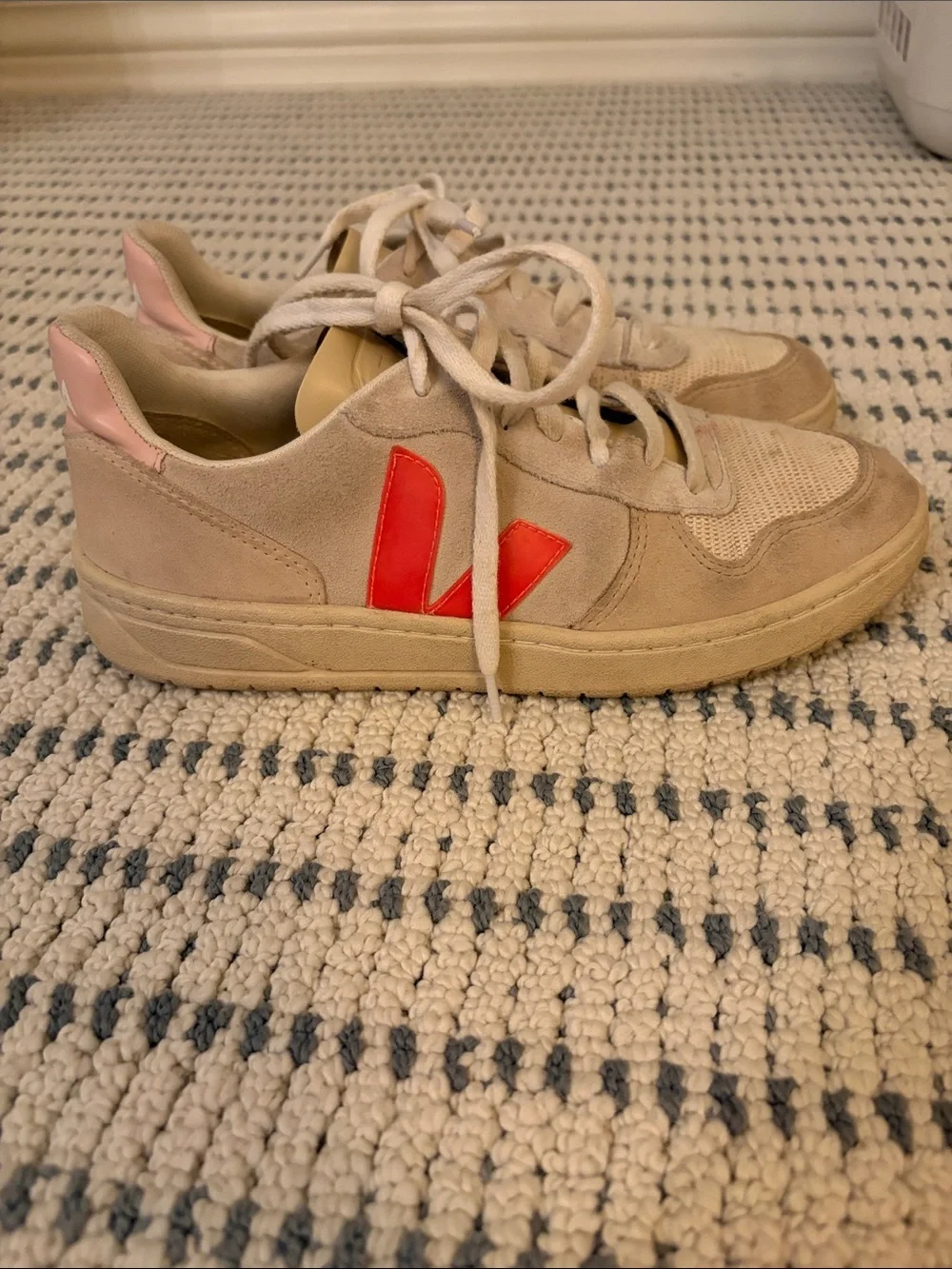 Veja Beige Sneakers with Pink Heel and Red Side V Logo